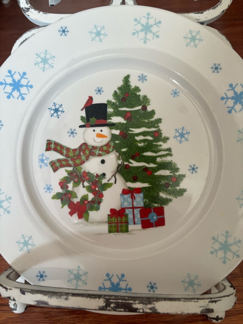 Holiday Snowman & Christmas Tree Decorative Plate - White/Green/Red - Picture 2 of 5